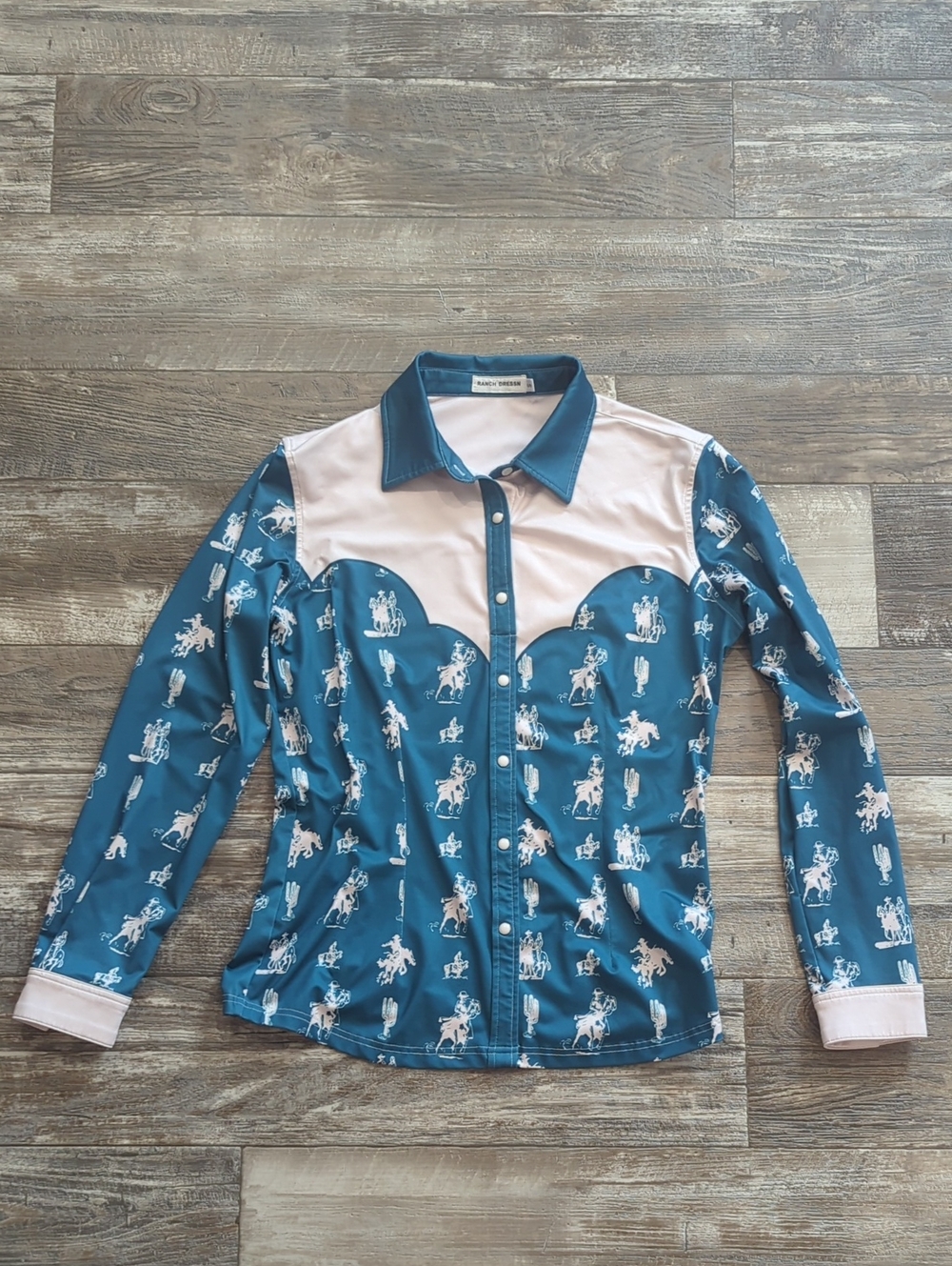 RANCH DRESS'N Fallon Taylor "Buckaroo" Turquoise & White Rodeo Performshirt sz S - Picture 6 of 14